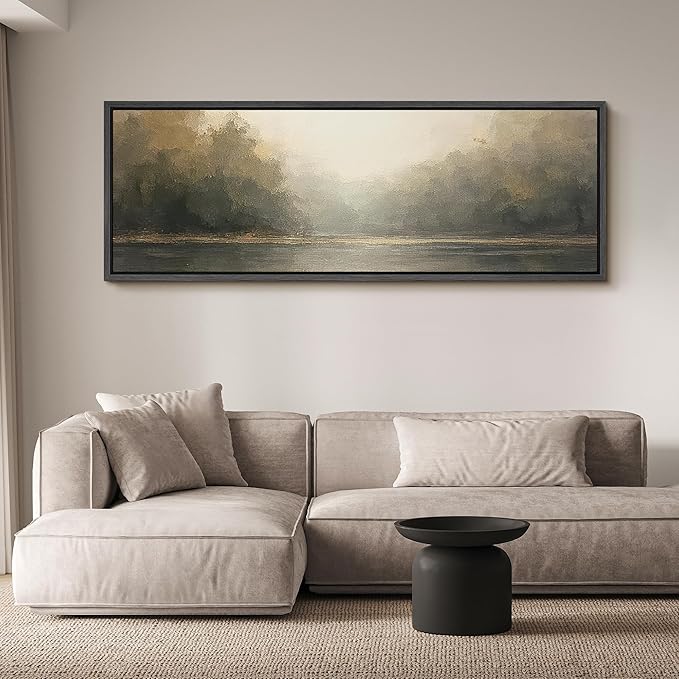 SIGNFORD Large Framed Canvas Foggy Forest River Morning Illustrations Modern Art Calm Warm for Living Room, Bedroom, Office - 60"x20"