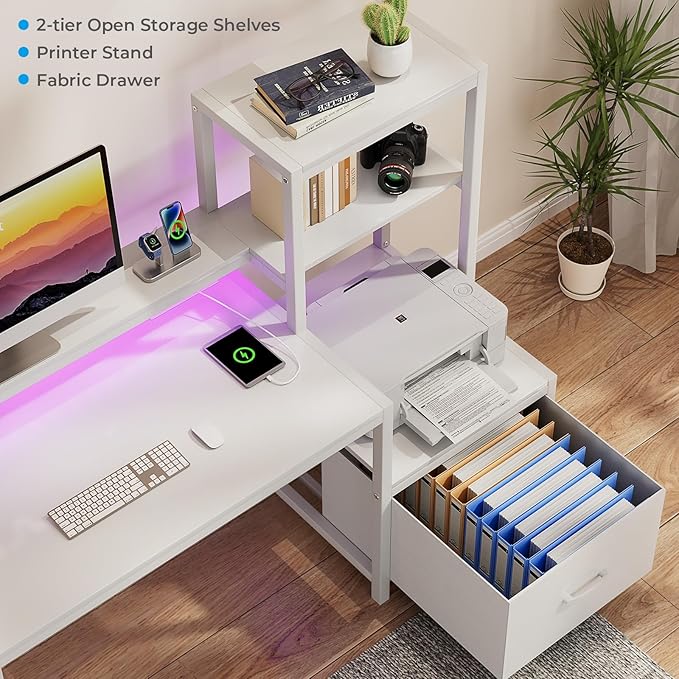 GreenForest Computer Desk with Drawers and Monitor Stand, Home Office Desk with Storage Shelves, Small Gaming Desk with Power Outlets and LED Lights for Study Writing Working, 51 inch White