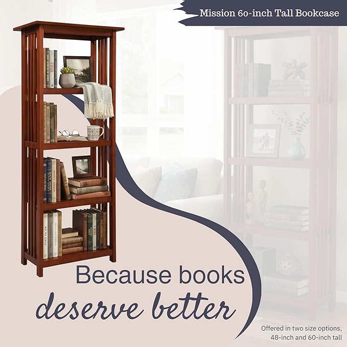 Alaterre Furniture Mission 4-Tier Bookcases with Adjustable Shelves – Mid-century Modern 60-Inch Wood Bookshelf for Living Room, Bedroom or Home Office (Cherry)