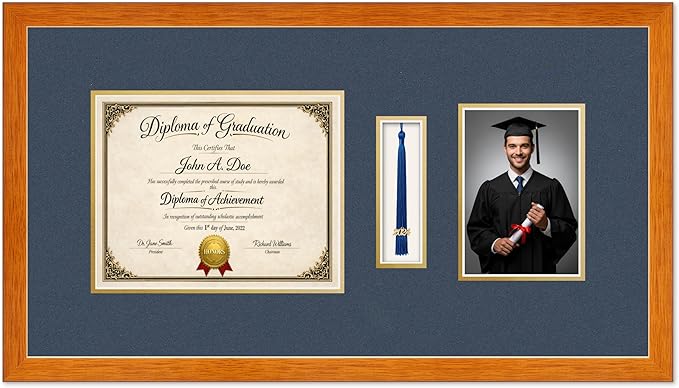Diploma Tassel and Photo Frame Honey Oak Shadowbox Navy Blue Over Gold Mat - Fits 10 x 8 Degree Picture Made in the USA