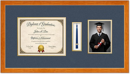 Diploma Tassel and Photo Frame Honey Oak Shadowbox Navy Blue Over Gold Mat - Fits 10 x 8 Degree Picture Made in the USA