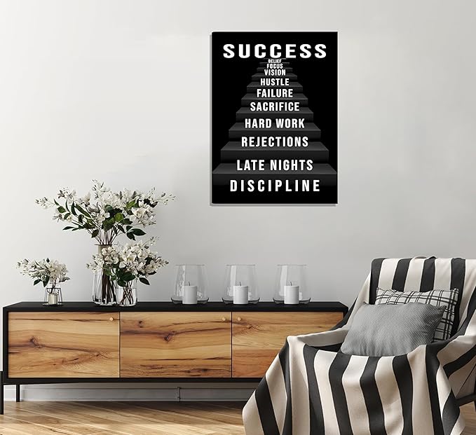 3Pcs Framed Black and White Inspirational Phrases Wall Art Stairway to Success Canvas Posters Prints Never Give Up Pictures Paintings Office Wall Decor for Home Gym Workplace