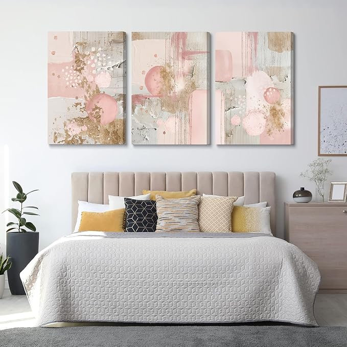 3Pcs Framed Pink and Gold Canvas Wall Art Abstract Posters Print Geometric Pictures Decor for Living Room Bedroom Bathroom Home Decoration