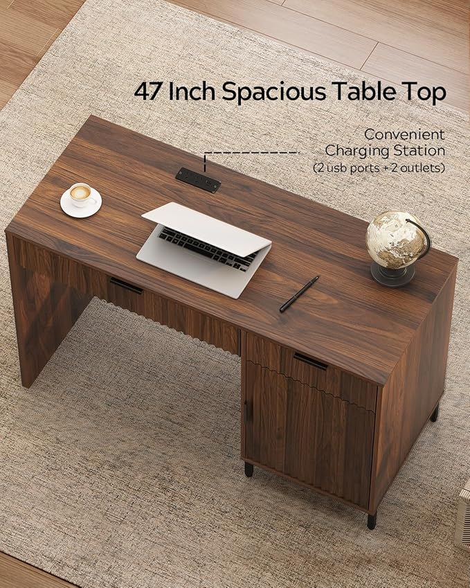 47" Office Desk with Fluted Drawers, Wooden Home Exectuive Desk with Storage Cabinet, Charging Station, Metal Legs Modern Farmhouse Computer Desk for Work, Study, Brown