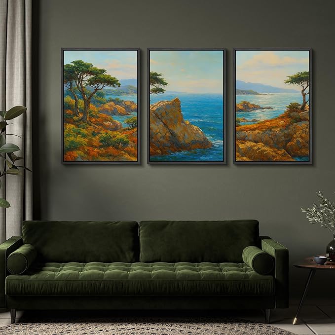 SIGNFORD Framed Wall Art Print Set Bright Coastal Cliffs and Ocean View Vibrant Seascape Digital Art Modern Art Contemporary for Living Room, Bedroom, Office - 24"x36"x3 Black