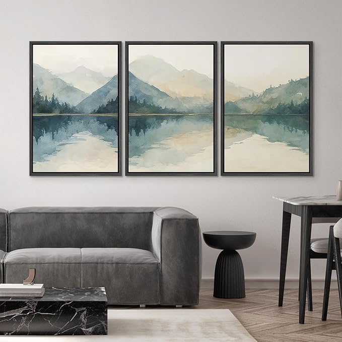 SIGNWIN Framed Canvas Print Wall Art Set Calm Lake Reflection Watercolor Mountain and Water Illustrations Modern Art Decorative Abstract for Living Room, Bedroom, Office - 16"x24"x3 Black