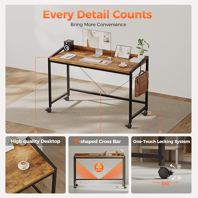 Mericonia 48 inch Rolling Computer Desk with Wheels, Gaming Desk for Small Spaces, Modern Simple Style Table for Home Office, Study Writing Table