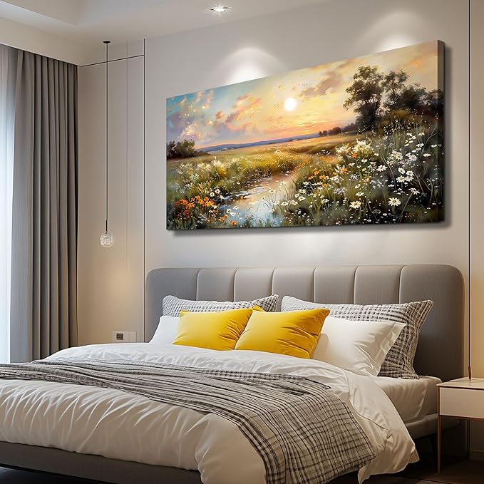 hyidecorart Vintage Farmhouse Wildflower Wall Paintings Canvas Wall Art for Living Room Wall Decor for Bedroom Office Decorations Nature Landscape Picture Artwork Aesthetic Home Decor Ready To Hang