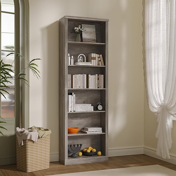 Tall Bookshelf, 6-Tier Bookcase with 2 Adjustable Shelves, Modern Farmhouse Storage for Living Room, Entryway, Office, 23.6" W x 74.8" H x 10.6" D, Grey