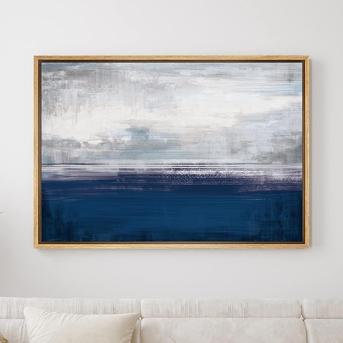 SIGNWIN Framed Canvas Wall Art White Clouds Over The Navy Blue Sea Coastal Ocean Oil Painting Abstract Modern Closeup Relax/Calm for Living Room, Bedroom, Office - 24"x36" Natural