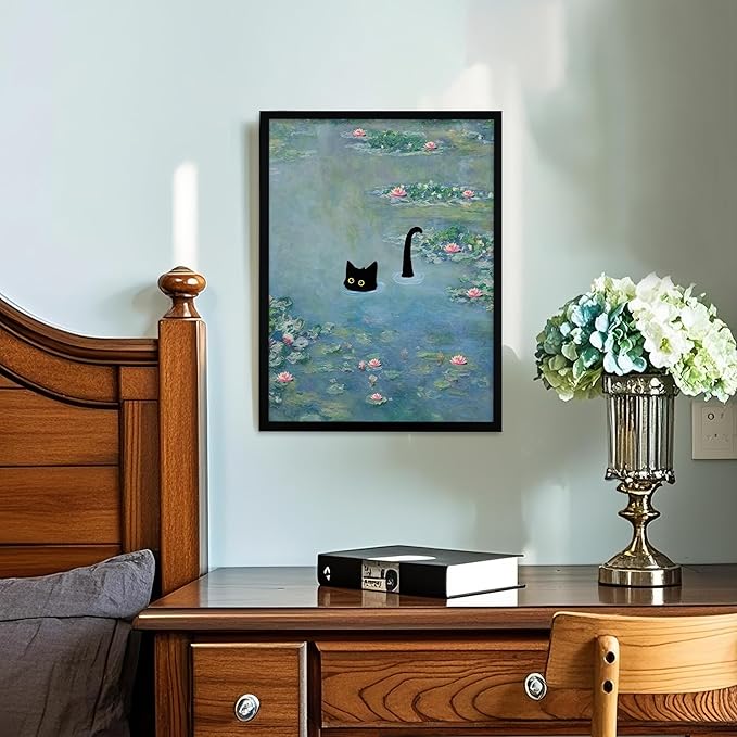 Fantasy Artists Monet Water Lilies Cat Wall Art, Framed Vintage Canvas Art Wall Decor, Funny Black Cat Posters Prints for Bathroom Bedroom Living Room Home Office Decorations 16" Wide X 24" Height