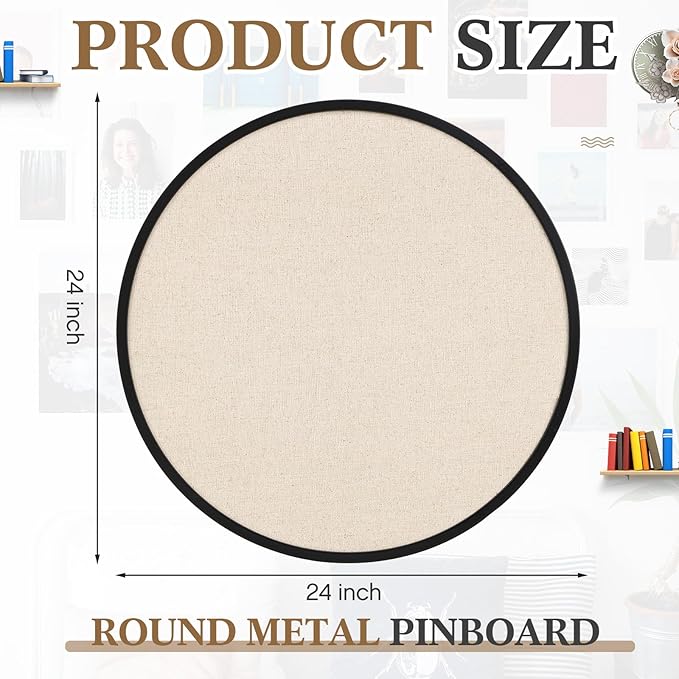 Vintage Framed Pin Board Linen Display Bulletin Board Large Cork Fabric Picture Photo Pinboard Memo Ornate Decorative Pinboard Ornate for Wall Gift(Round,24'' X 24'',Modern Black)