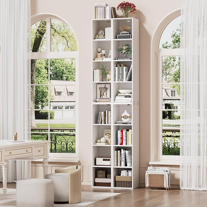 Ollieroo Book Shelf, 8 Tier Bookcase, 82.6 inches Tall Narrow Bookshelf, Wooden 8 Cube Storage Media Shelf, Vertical Slim Book Case with Removal Panels for Living Room, Bedroom, Entrance Hall