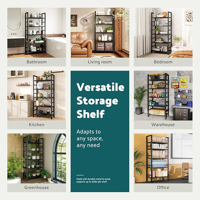 NEWBULIG Book Shelf 5 Tier Modern Bookcase Sturdy Metal Storage Organizer Books/CDs/Magazines Industrial Open Display Shelf for Bedroom Home Office Kitchen Living Room