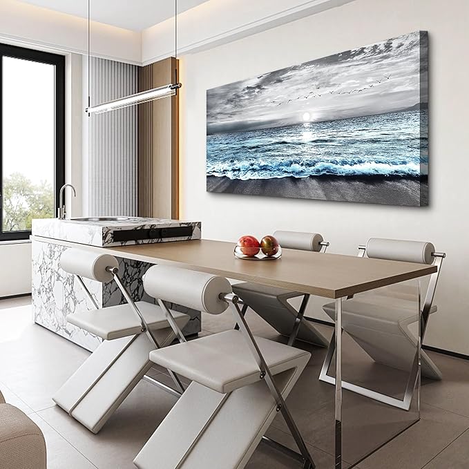 Lapremoly Large Canvas Wall Art - Black And White Beach Wall Painting Blue Ocean Sea Wave Landscape Artwork Posters For Living Room, Bedroom, Office Decor