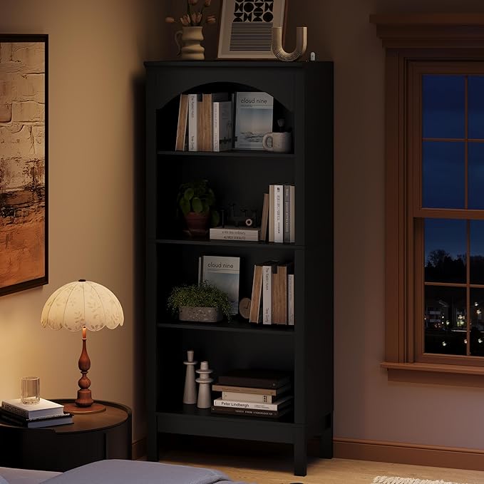 56" H Tall Bookshelf and Bookcase, Arched Book Shelf with 4-Tier Open Shelves, Wooden Storage Bookcase Freestanding Display Bookshelves for Bedroom, Living Room, Black