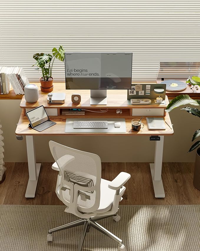 FEZIBO 55 x 24 Inch Height Adjustable Electric Standing Desk with Double Drawer, Stand up Desk, Home Office Computer Workstation with 4 Height-Adjustable Feets & 2 Hooks, Light Rustic