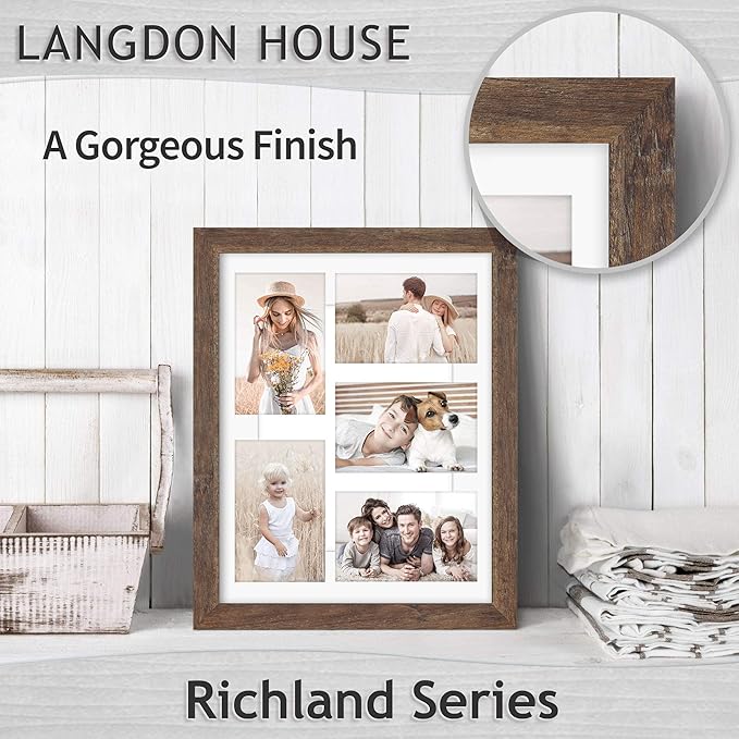Langdon House 11x14 Rustic Brown Collage Picture Frame w/Mat for 5-4x6 Photos, Woodgrain Style, Wall Mount Only, Richland Collection