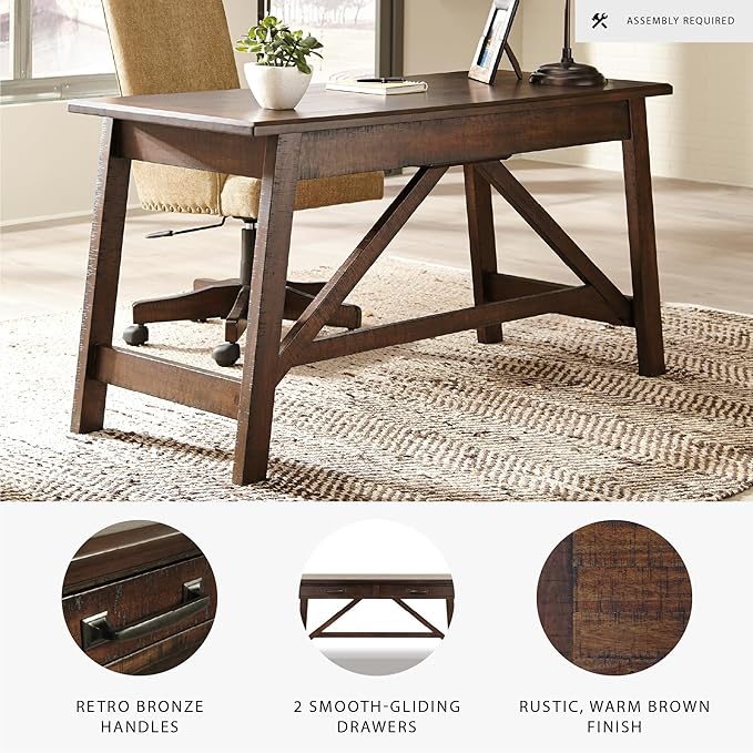Signature Design by Ashley Baldridge Home Office Desk, Rustic Industrial Desk With Drawers, Wood Construction, Smooth-Gliding Storage for Workspaces, Ideal Office Desk for Home Offices, Brown