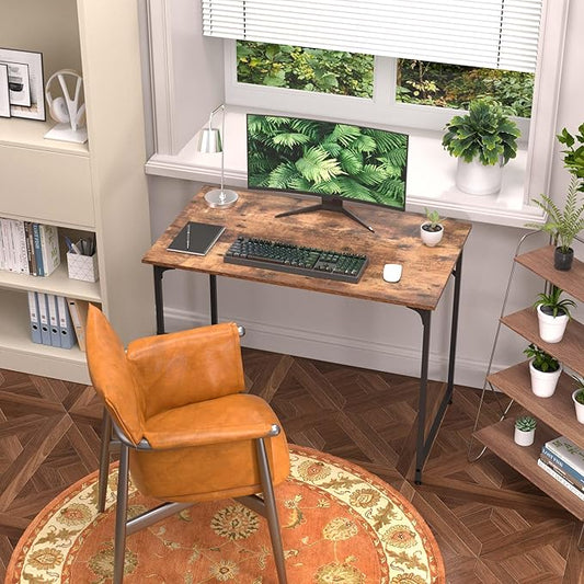 39 Inch Computer Desk with Wood Board and Metal Frame, Modern Simple Style Work Desk with Adjustable Feet, Study Gaming Desk Table for Home Office, Bedroom, Small Spaces