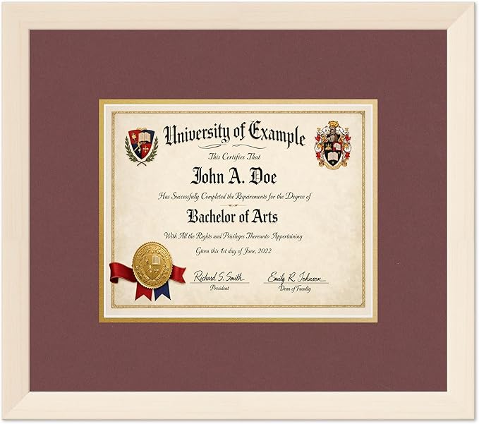 CountryArtHouse Diploma Frame Fits 10 x 8 Professional License - Keepsake Graduation Display Coastal Whitewash Genuine Hardwood with Dark Red Over Metallic Gold Double mat