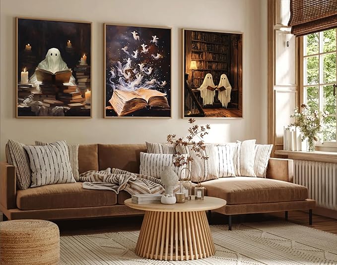 3Pcs Halloween Cute Vintage Ghost Wall Art Library Ghost Reading Books Painting Picturts Wall Decor Gothic Dark Academia Posters Print Artwork for Bedroom Living Room Home Decoration Unframed
