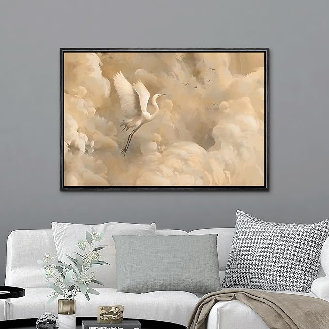 MUDECOR Framed Canvas Print Wall Art Graceful Crane in the Clouds Soft Dreamy Landscape Illustrations Minimalism Decorative Relax Colorful for Living Room, Bedroom, Office - 16"x24" BLACK