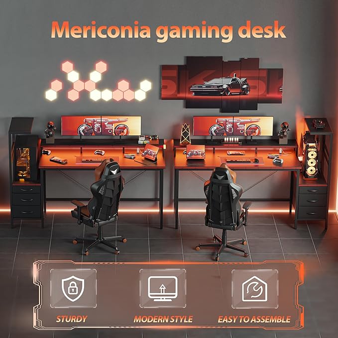 Mericonia Gaming Desk with Power Outlets & LED Lights, Reversible Computer Desk with PC Case Stand, Fabric Drawers, Modern Office Desk with Shelves, Monitor Stand