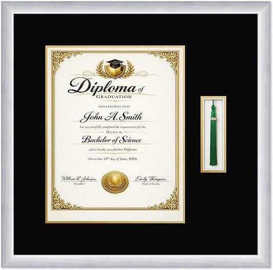CountryArtHouse Diploma and Tassel Frame Fits 11 x 14 College Diploma (Portrait) with Tasse Stainless Silver Genuine Hardwood Shadowbox with Black Over Metallic Gold Double mat