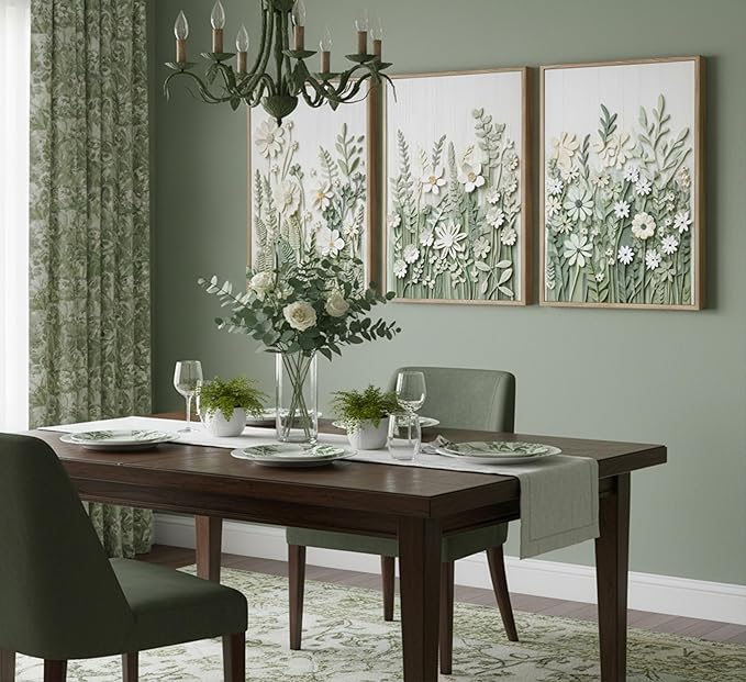 3 Pcs Sage Green Wildflowers Canvas Wall Art Neutral Minimalist Abstract Boho Floral Botanical Painting Pictures Wall Decor Poster Print Artwork for Living Room Bedroom Home Decoration Unframed