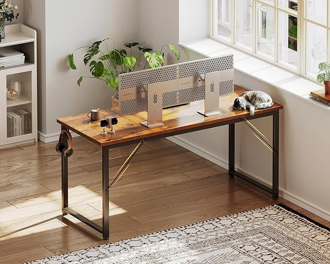 Casaottima 54 Inch Computer Desk for Home Office, Study Writing Table for Small Spaces, Simple Modern Desk with Headphone Hooks, Rustic Brown