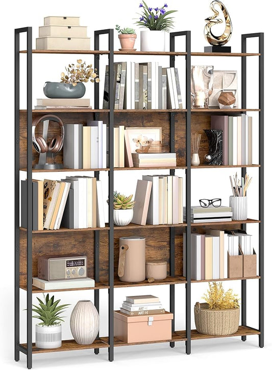VASAGLE 6-Tier Bookshelf, Book Shelf, Industrial Bookcase, with Steel Frame, for Living Room, Home Office, Bedroom, 9.4 x 50.4 x 73.7 Inches, Rustic Brown and Ink Black ULLS151K01