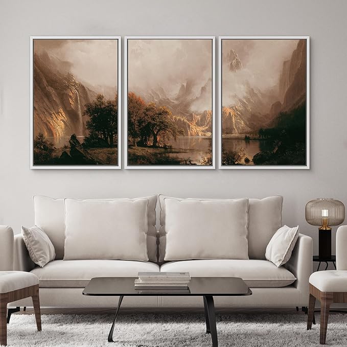 SIGNWIN Framed Canvas Print Wall Art Set Dramatic Mountain Valley Lake Landscape Illustrations Modern Art Decorative Nordic Abstract for Living Room, Bedroom, Office - 24"x36"x3 White