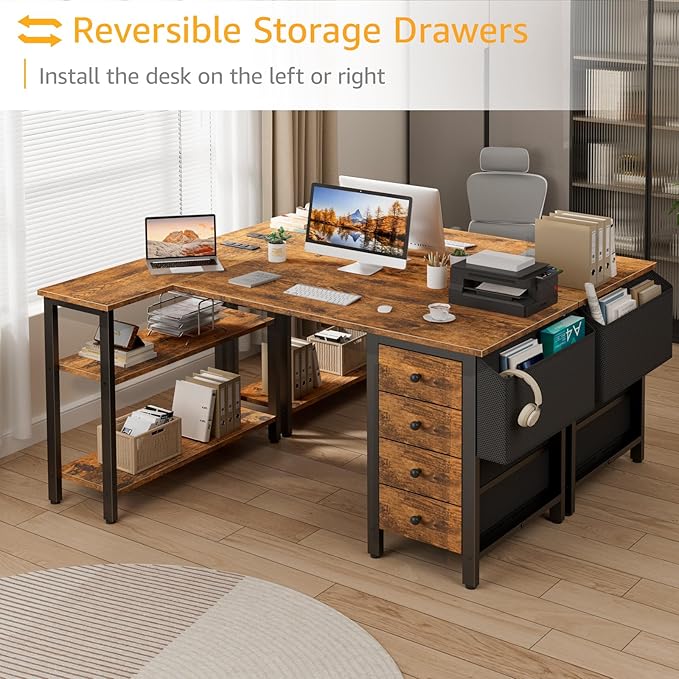 DLisiting L Shaped Computer Desk with Drawers - 47 Inch Corner Office Reversible Desk with Storage Shelves Power Outlet, Home Office Desks L-Shaped with Fabric Drawer for Teen Girls, Rustic Brown