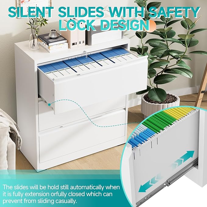 3 Drawer Lateral File Cabinet with Lock, Heavy-Duty Metal Filing Cabinet for Home Office, Steel Storage Compatible with Hanging Files Letter/Legal/F4/A4 Sizes (3 Drawer, White)