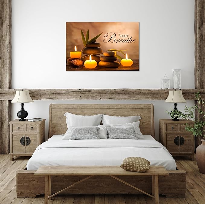 YIOZHAOFH Zen Wall Decor Just Breathe Motivational Bathroom Wall Art Yoga Room Poster for Women Spa Picture Painting Spiritual Artwork Framed for Living Room Ready to Hang (16L x 24W)