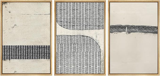 SIGNWIN Framed Canvas Print Wall Art Set Black Tan Grunge Grid Pattern Abstract Shapes Cozy Neutral Modern Art Decorative Contemporary Minimal for Living Room, Bedroom, Office - 24"x36"x3 Natural