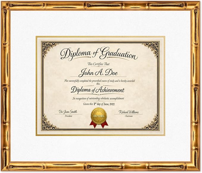 Diploma Frame Gold Bamboo with Oyster Shell Over Gold Double Mat - Fits 13 x 10 College Diploma (Traditional) Wall Display Made in the USA