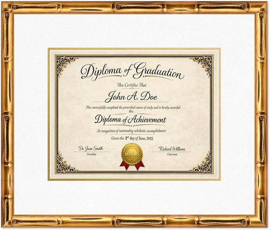 Diploma Frame Gold Bamboo with Oyster Shell Over Gold Double Mat - Fits 13 x 10 College Diploma (Traditional) Wall Display Made in the USA