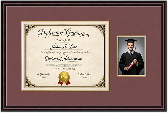 Diploma Frame With Photo Opening Executive Brown Dark Red Over Gold Mat - Fits 15 x 12 Degree and Picture Made in the USA