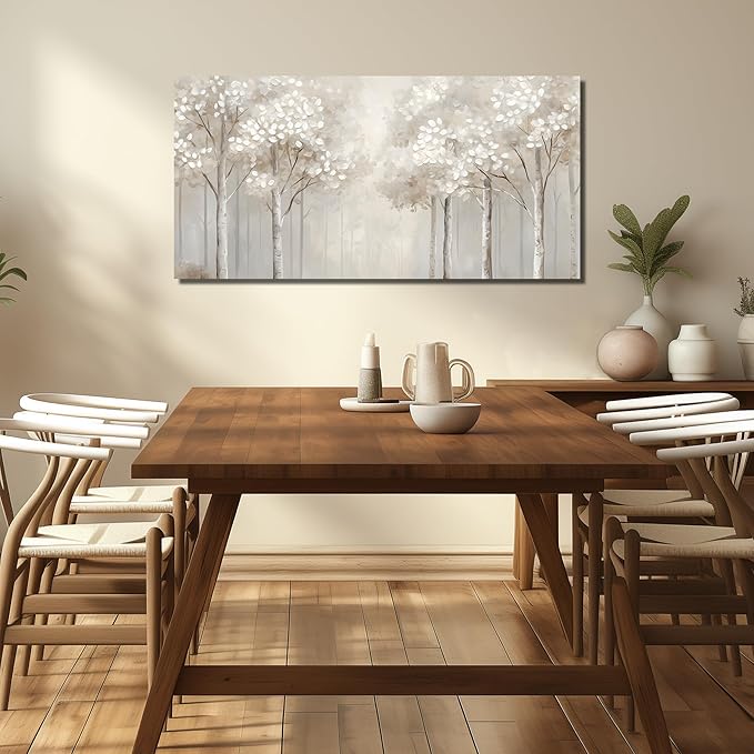 ANCXWOTER Large Forest Wall Art for Living Room White Misty Birch Tree Picture for Bedroom Office Modern Landscapes Canvas Prints Ready to Hang 24x48 Inch