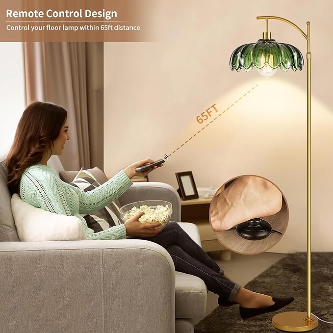 Gold Floor Lamp for Living Room Bedroom with Remote,Unique Vintage Standing Tall Lamp,Mid Century Modern Floor Lamps with Dimmable Bulb,Arc Green Glass Floor Lamps for Office Corner