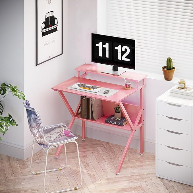 ODK Small Desk, 27.5 Inch Computer Desk for Small Spaces, Kids Desk with Storage, Study Table with Monitor Stand for Homeschool, Pink
