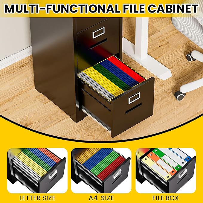 3 Drawer Metal Locking File Cabinet with 1 Door Heavy Duty Lockable Filing Cabinets Home Office Steel File Cabinet Black Vertical File Cabinets for Legal/Letter Size File,Assembly Required
