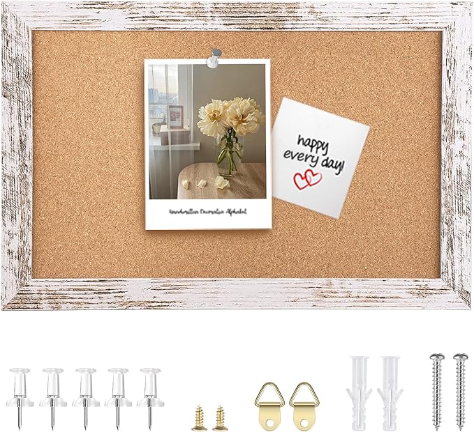 Cork Board Bulletin Board, 11.8x8.6 inches Mini Decorative Hanging Framed Cork Boards for Walls, Pin Board Vision Board for School Home Office, Bulletin Board with Wooden Frame(2230,WH,1p)