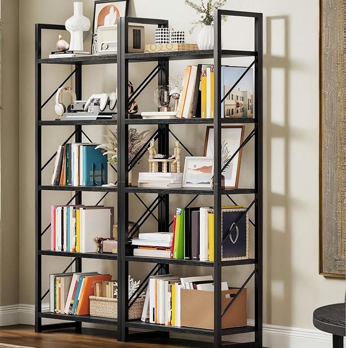 DWVO 5 Tier Bookshelf 2 Pack, Black Bookcase Storage Organizer, Modern Book Shelf Storage Rack Shelves for Bedroom, Living Room, Home Office, Black