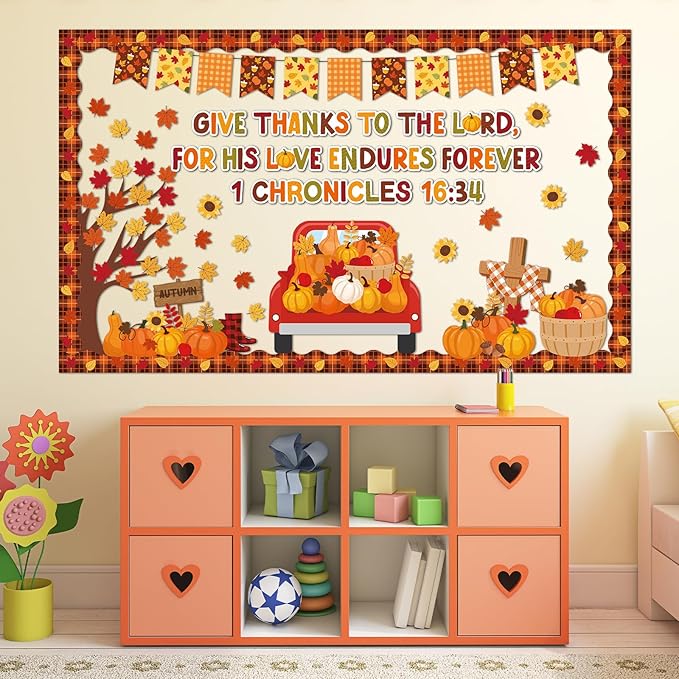 gisgfim Fall Thanksgiving Bulletin Board Decorations Give Thanks to The Lord Religious Paper Cutouts Fall Pumpkin Maple Leaf Bulletin Board Set for Autumn Harvest Thanksgiving Classroom Decor Supplies