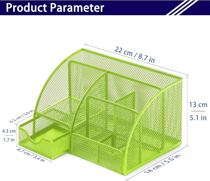 Boutilon Mesh Desk Organizer Desktop Office Supplies Stationary Organizer with 6 Compartments and 1 Drawer Multi-Functional Caddy Pen Holder for Home Office School Desk Decor(Fruit Green)