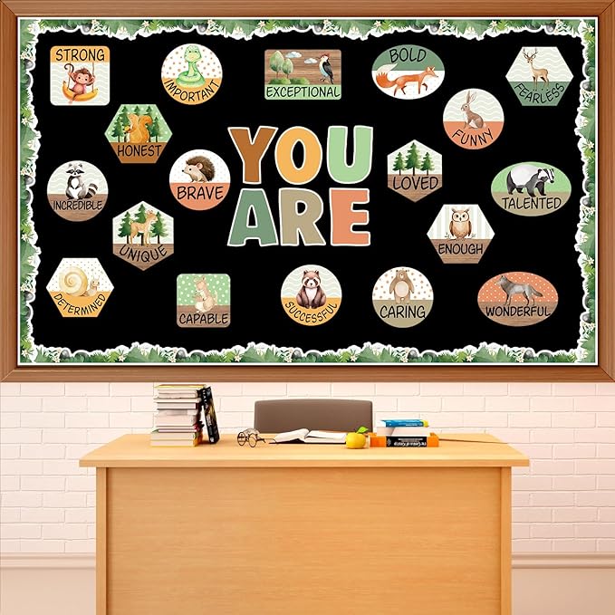 gisgfim Woodland Animals Inspirational Bulletin Board Decorations Set Jungle Safari Animal Motivational Paper Cutouts Woodland Animal Positive Bulletin Board Decor for Teacher School Chalkboard Wall