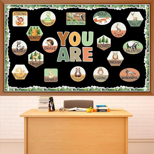 gisgfim Woodland Animals Inspirational Bulletin Board Decorations Set Jungle Safari Animal Motivational Paper Cutouts Woodland Animal Positive Bulletin Board Decor for Teacher School Chalkboard Wall